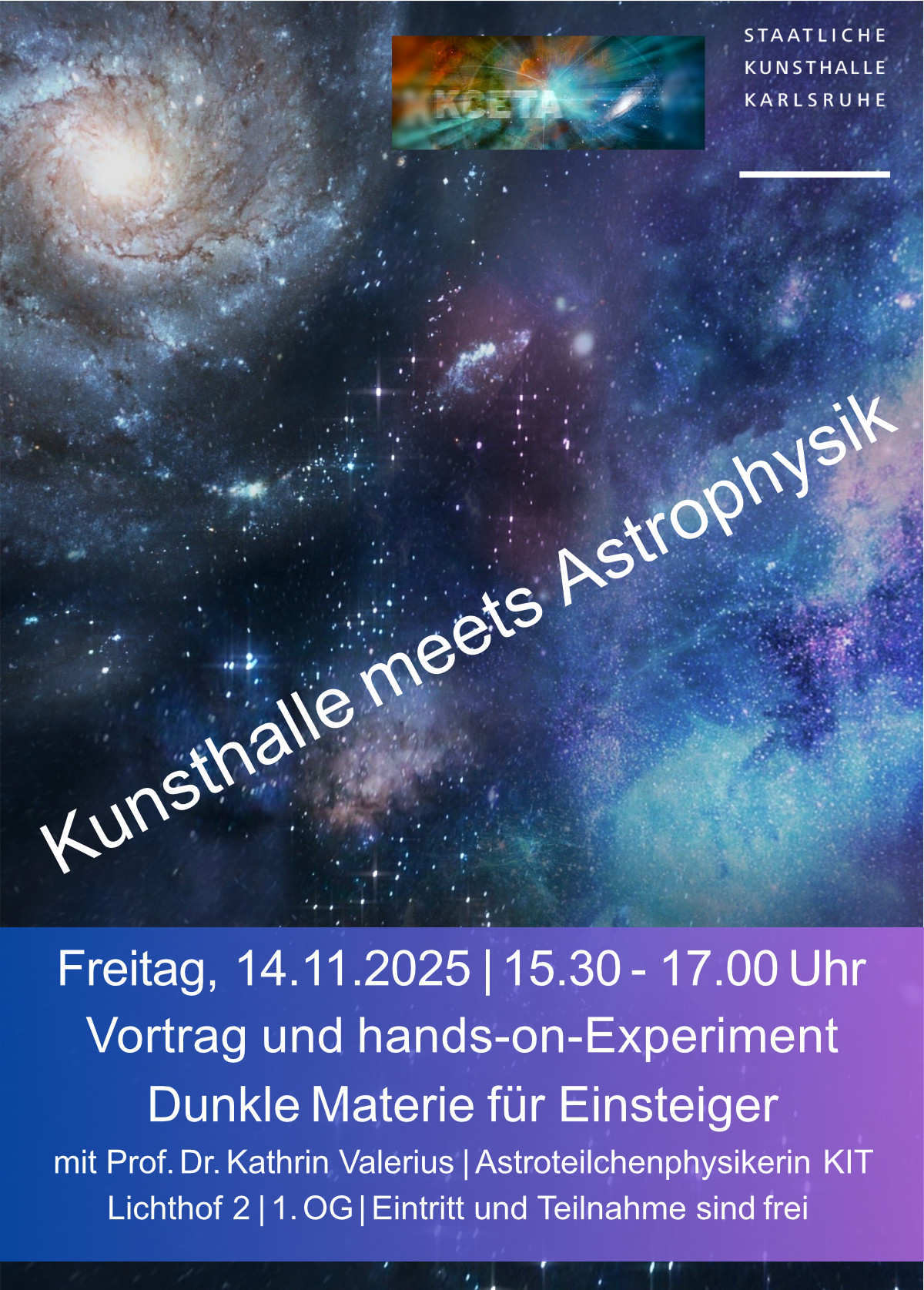 Plakat zur Veranstaltung „Kunsthalle meets Astrophysik“ über Dunkle Materie, Karlsruhe 2025.