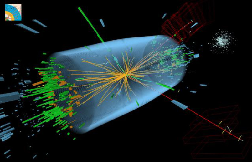 Teilchenspuren nach einer Proton-Proton-Kollision, bei der ein Higgs-Boson erzeugt wurde; aufgezeichnet durch den CMS-Detektor am Beschleuniger LHC des CERN. (Bild: © 2012 CERN / CMS Collaboration)